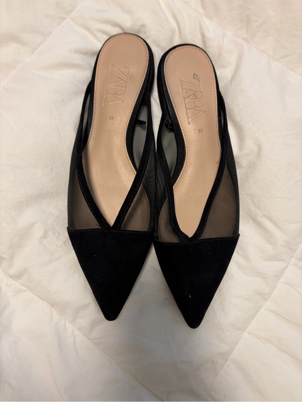 Zara Black Pointed-Toe Mesh Slip-On Mules